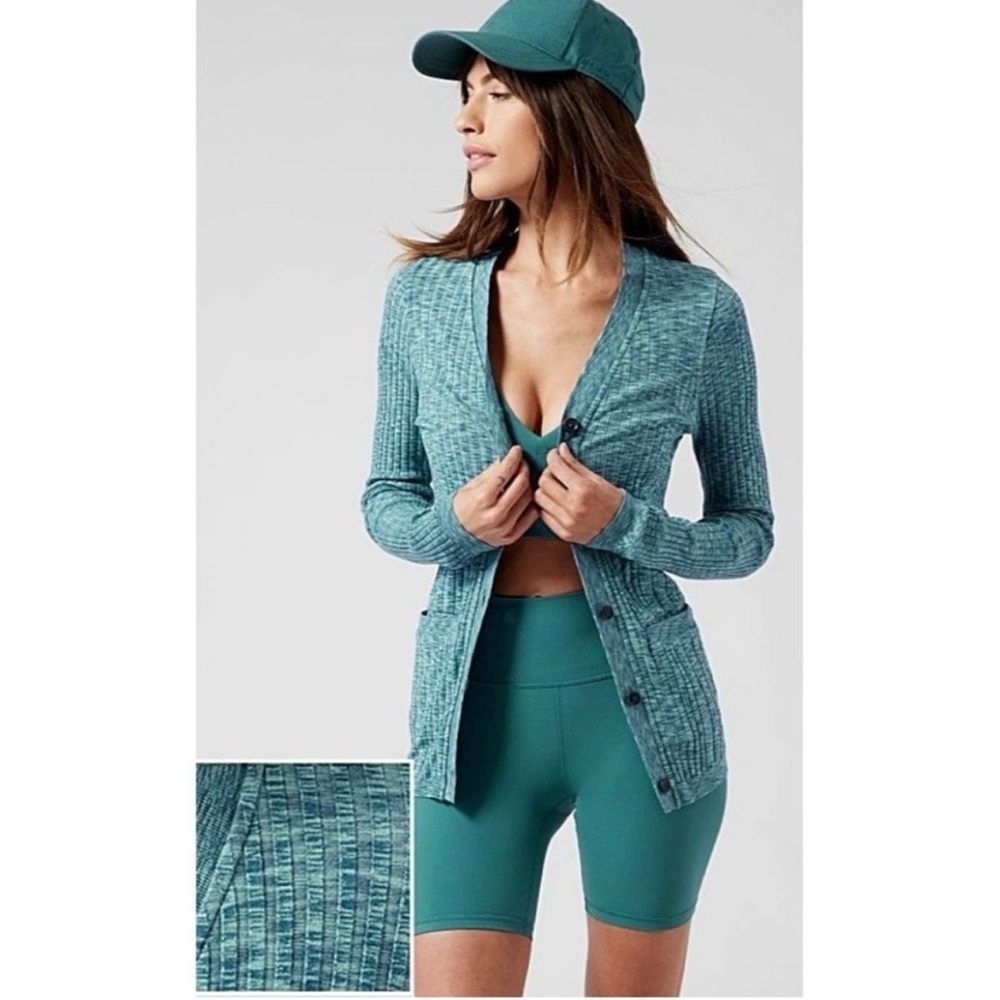 Athleta Revolve Seamless Ribbed Cardigan in Borealis Blue - Size Small